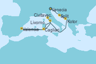 Visitando Venecia (Italia), Split (Croacia), Kotor (Montenegro), Civitavecchia (Roma), Valencia, Cagliari (Cerdeña), Civitavecchia (Roma), Livorno, Pisa y Florencia (Italia)