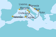 Visitando Venecia (Italia), Split (Croacia), Kotor (Montenegro), Civitavecchia (Roma), Valencia, Cagliari (Cerdeña), Civitavecchia (Roma), Livorno, Pisa y Florencia (Italia), Marsella (Francia)