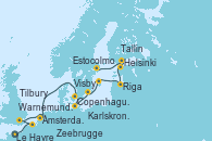 Visitando Le Havre (Francia), Zeebrugge (Bruselas), Tilbury (Gran Bretaña), Ámsterdam (Holanda), Copenhague (Dinamarca), Warnemunde (Alemania), Karlskrona (Suecia), Visby (Suecia), Riga (Letonia), Tallin (Estonia), Helsinki (Finlandia), Estocolmo (Suecia)