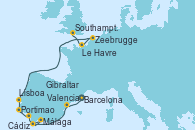 Visitando Barcelona, Valencia, Gibraltar (Inglaterra), Málaga, Cádiz (España), Portimao (Portugal), Lisboa (Portugal), Zeebrugge (Bruselas), Le Havre (Francia), Southampton (Inglaterra)