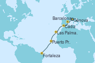 Visitando Génova (Italia), Barcelona, Cádiz (España), Las Palmas de Gran Canaria (España), Puerto Praia (Cabo Verde), Fortaleza (Brasil)