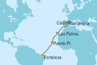 Visitando Barcelona, Cádiz (España), Las Palmas de Gran Canaria (España), Puerto Praia (Cabo Verde), Fortaleza (Brasil)