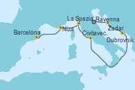 Visitando Ravenna (Italia), Zadar (Croacia), Dubrovnik (Croacia), Civitavecchia (Roma), La Spezia, Florencia y Pisa (Italia), Niza (Francia), Barcelona