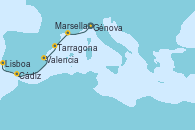 Visitando Génova (Italia), Marsella (Francia), Tarragona (España), Valencia, Cádiz (España), Lisboa (Portugal)