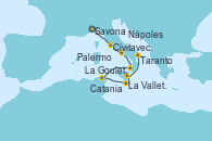 Visitando Savona (Italia), Civitavecchia (Roma), Nápoles (Italia), Palermo (Italia), La Goulette (Tunez), La Valletta (Malta), Catania (Sicilia), Taranto (Italia)