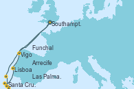 Visitando Southampton (Inglaterra), Vigo (España), Funchal (Madeira), Santa Cruz de Tenerife (España), Las Palmas de Gran Canaria (España), Arrecife (Lanzarote/España), Lisboa (Portugal), Southampton (Inglaterra)