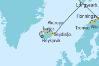 Visitando Reykjavik (Islandia), Ísafjörður (Islandia), Akureyri (Islandia), Seydisfjordur (Islandia), Longyearbyen (Noruega), Longyearbyen (Noruega), Honningsvag (Noruega), Honningsvag (Noruega), Alta (Noruega), Alta (Noruega), Tromso (Noruega), Tromso (Noruega)