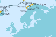 Visitando Tromso (Noruega), Harstad (Noruega), Leknes (Noruega), Alta (Noruega), Honningsvag (Noruega), Honningsvag (Noruega), Longyearbyen (Noruega), Longyearbyen (Noruega), Akureyri (Islandia), Ísafjörður (Islandia), Reykjavik (Islandia)