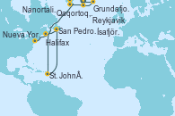 Visitando Reykjavik (Islandia), Grundafjord (Islandia), Ísafjörður (Islandia), Qaqortoq, Greeland, Nanortalik (Groenlandia), St. John´s (Antigua y Barbuda), San Pedro y Miquelón (Francia), Halifax (Canadá), Nueva York (Estados Unidos)