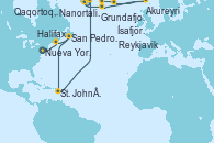 Visitando Nueva York (Estados Unidos), Halifax (Canadá), San Pedro y Miquelón (Francia), St. John´s (Antigua y Barbuda), Nanortalik (Groenlandia), Qaqortoq, Greeland, Ísafjörður (Islandia), Akureyri (Islandia), Grundafjord (Islandia), Reykjavik (Islandia)