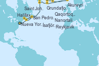 Visitando Nueva York (Estados Unidos), Halifax (Canadá), San Pedro y Miquelón (Francia), St. John´s (Antigua y Barbuda), Qaqortoq, Greeland, Nanortalik (Groenlandia), Ísafjörður (Islandia), Akureyri (Islandia), Grundafjord (Islandia), Reykjavik (Islandia)