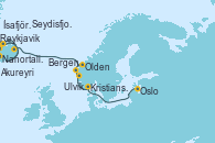 Visitando Reykjavik (Islandia), Nanortalik (Groenlandia), Ísafjörður (Islandia), Akureyri (Islandia), Seydisfjordur (Islandia), Olden (Noruega), Bergen (Noruega), Ulvik (Noruega), Kristiansand (Noruega), Oslo (Noruega)