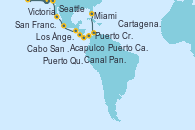 Visitando Seattle (Washington/EEUU), Victoria (Canadá), San Francisco (California/EEUU), San Francisco (California/EEUU), Los Ángeles (California), Cabo San Lucas (México), Acapulco (México), Puerto Quetzal (Guatemala), Puerto Caldera (Costa Rica), Puerto Cristóbal (Panamá), Canal Panamá, Cartagena de Indias (Colombia), Miami (Florida/EEUU)