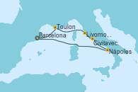Visitando Barcelona, Toulon (Francia), Livorno, Pisa y Florencia (Italia), Civitavecchia (Roma), Nápoles (Italia), Barcelona