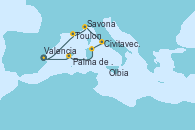 Visitando Valencia, Toulon (Francia), Savona (Italia), Civitavecchia (Roma), Olbia (Cerdeña), Palma de Mallorca (España), Valencia