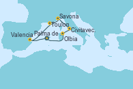 Visitando Palma de Mallorca (España), Valencia, Toulon (Francia), Savona (Italia), Civitavecchia (Roma), Olbia (Cerdeña), Palma de Mallorca (España)