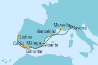 Visitando Savona (Italia), Málaga, Gibraltar (Inglaterra), Cádiz (España), Lisboa (Portugal), Alicante (España), Barcelona, Marsella (Francia)
