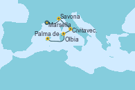 Visitando Marsella (Francia), Savona (Italia), Civitavecchia (Roma), Olbia (Cerdeña), Palma de Mallorca (España)
