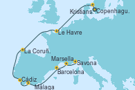 Visitando Copenhague (Dinamarca), Kristiansand (Noruega), Le Havre (Francia), La Coruña (Galicia/España), Cádiz (España), Málaga, Barcelona, Marsella (Francia), Savona (Italia)