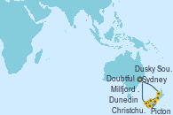 Visitando Sydney (Australia), Picton (Australia), Christchurch (Nueva Zelanda), Dunedin (Nueva Zelanda), Dusky Sound (Nueva Zelanda), Doubtful Sound (Nueva Zelanda), Milfjord Sound (Nueva Zelanda), Sydney (Australia)
