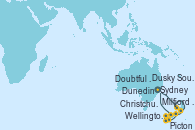 Visitando Sydney (Australia), Picton (Australia), Wellington (Nueva Zelanda), Christchurch (Nueva Zelanda), Dunedin (Nueva Zelanda), Dusky Sound (Nueva Zelanda), Doubtful Sound (Nueva Zelanda), Milfjord Sound (Nueva Zelanda), Sydney (Australia)