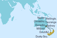 Visitando Sydney (Australia), Milfjord Sound (Nueva Zelanda), Doubtful Sound (Nueva Zelanda), Dusky Sound (Nueva Zelanda), Dunedin (Nueva Zelanda), Christchurch (Nueva Zelanda), Wellington (Nueva Zelanda), Napier (Nueva Zelanda), Tauranga (Nueva Zelanda), Sydney (Australia)