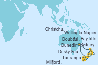 Visitando Sydney (Australia), Bay of Islands (Nueva Zelanda), Tauranga (Nueva Zelanda), Napier (Nueva Zelanda), Wellington (Nueva Zelanda), Christchurch (Nueva Zelanda), Dunedin (Nueva Zelanda), Dusky Sound (Nueva Zelanda), Doubtful Sound (Nueva Zelanda), Milfjord Sound (Nueva Zelanda), Sydney (Australia)