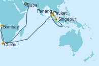 Visitando Dubai, Dubai, Bombay (India), Bombay (India), Cochin (India), Phuket (Tailandia), Penang (Malasia), Singapur, Singapur