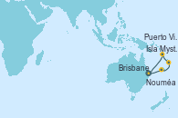 Visitando Brisbane (Australia), Nouméa (Nueva Caledonia), Isla Mystery (Vanuatu), Puerto Vila (Vanuatu), Brisbane (Australia)