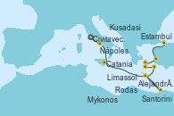 Visitando Civitavecchia (Roma), Nápoles (Italia), Catania (Sicilia), Alejandría (Egipto), Alejandría (Egipto), Limassol (Chipre), Rodas (Grecia), Santorini (Grecia), Mykonos (Grecia), Kusadasi (Efeso/Turquía), Estambul (Turquía)