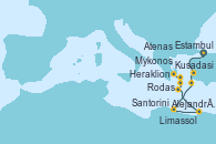 Visitando Estambul (Turquía), Kusadasi (Efeso/Turquía), Rodas (Grecia), Limassol (Chipre), Alejandría (Egipto), Alejandría (Egipto), Heraklion (Creta), Santorini (Grecia), Mykonos (Grecia), Atenas (Grecia)