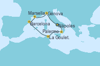 Visitando Nápoles (Italia), Palermo (Italia), La Goulette (Tunez), Barcelona, Marsella (Francia), Génova (Italia), Nápoles (Italia)