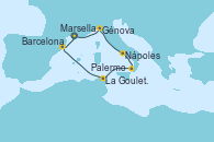 Visitando Marsella (Francia), Génova (Italia), Nápoles (Italia), Palermo (Italia), La Goulette (Tunez), Barcelona, Marsella (Francia)