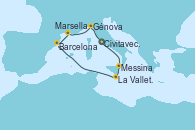 Visitando Civitavecchia (Roma), Messina (Sicilia), La Valletta (Malta), Barcelona, Marsella (Francia), Génova (Italia), Civitavecchia (Roma)