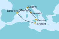 Visitando Marsella (Francia), Génova (Italia), Civitavecchia (Roma), Messina (Sicilia), La Valletta (Malta), Barcelona, Marsella (Francia)