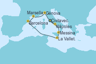 Visitando Civitavecchia (Roma), Messina (Sicilia), La Valletta (Malta), Barcelona, Marsella (Francia), Génova (Italia), Nápoles (Italia)