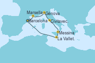 Visitando Barcelona, Marsella (Francia), Génova (Italia), Civitavecchia (Roma), Messina (Sicilia), La Valletta (Malta), Barcelona