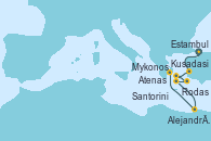 Visitando Estambul (Turquía), Kusadasi (Efeso/Turquía), Mykonos (Grecia), Rodas (Grecia), Santorini (Grecia), Alejandría (Egipto), Alejandría (Egipto), Atenas (Grecia)