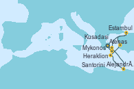 Visitando Atenas (Grecia), Alejandría (Egipto), Alejandría (Egipto), Heraklion (Creta), Kusadasi (Efeso/Turquía), Estambul (Turquía), Mykonos (Grecia), Santorini (Grecia), Atenas (Grecia)