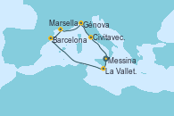 Visitando Messina (Sicilia), La Valletta (Malta), Barcelona, Marsella (Francia), Génova (Italia), Civitavecchia (Roma), Messina (Sicilia)