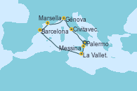 Visitando Palermo (Italia), La Valletta (Malta), Barcelona, Marsella (Francia), Génova (Italia), Civitavecchia (Roma), Messina (Sicilia)