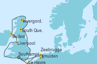Visitando Southampton (Inglaterra), South Queensferry (Escocia), Invergordon (Escocia), Belfast (Irlanda), Liverpool (Reino Unido), Ijmuiden (Ámsterdam), Zeebrugge (Bruselas), Le Havre (Francia), Southampton (Inglaterra)