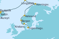 Visitando Reykjavik (Islandia), Ísafjörður (Islandia), Akureyri (Islandia), Longyearbyen (Noruega), Longyearbyen (Noruega), Honningsvag (Noruega), Aalesund (Noruega), Bergen (Noruega), Kristiansand (Noruega), Copenhague (Dinamarca), Copenhague (Dinamarca)