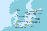 Visitando Estocolmo (Suecia), Helsinki (Finlandia), Tallin (Estonia), Riga (Letonia), Klaipeda (Lituania), Gdynia (Polonia), Warnemunde (Alemania), Kiel (Alemania), Copenhague (Dinamarca), Copenhague (Dinamarca), Gotemburgo (Suecia), Oslo (Noruega)