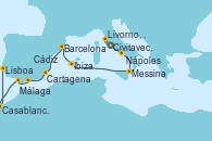 Visitando Civitavecchia (Roma), Livorno, Pisa y Florencia (Italia), Nápoles (Italia), Messina (Sicilia), Ibiza (España), Barcelona, Cartagena (Murcia), Málaga, Cádiz (España), Casablanca (Marruecos), Lisboa (Portugal)