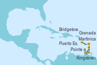 Visitando Pointe a Pitre (Guadalupe), Puerto España (Trinidad y Tobago), Grenada (Antillas), Kingstown (Granadinas), Bridgetown (Barbados), Martinica (Antillas), Pointe a Pitre (Guadalupe)