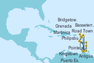 Visitando Pointe a Pitre (Guadalupe), Road Town (Isla Tórtola/Islas Vírgenes), Antigua (Antillas), Philipsburg (St. Maarten), Basseterre (Antillas), Martinica (Antillas), Pointe a Pitre (Guadalupe), Puerto España (Trinidad y Tobago), Grenada (Antillas), Kingstown (Granadinas), Bridgetown (Barbados), Martinica (Antillas), Pointe a Pitre (Guadalupe)