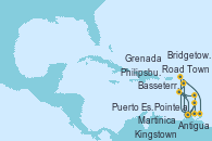 Visitando Pointe a Pitre (Guadalupe), Road Town (Isla Tórtola/Islas Vírgenes), Philipsburg (St. Maarten), Antigua (Antillas), Basseterre (Antillas), Martinica (Antillas), Pointe a Pitre (Guadalupe), Puerto España (Trinidad y Tobago), Grenada (Antillas), Kingstown (Granadinas), Bridgetown (Barbados), Martinica (Antillas), Pointe a Pitre (Guadalupe)