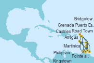 Visitando Pointe a Pitre (Guadalupe), Road Town (Isla Tórtola/Islas Vírgenes), Philipsburg (St. Maarten), Antigua (Antillas), Castries (Santa Lucía/Caribe), Martinica (Antillas), Pointe a Pitre (Guadalupe), Puerto España (Trinidad y Tobago), Grenada (Antillas), Kingstown (Granadinas), Bridgetown (Barbados), Martinica (Antillas), Pointe a Pitre (Guadalupe)