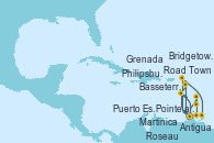 Visitando Pointe a Pitre (Guadalupe), Road Town (Isla Tórtola/Islas Vírgenes), Philipsburg (St. Maarten), Antigua (Antillas), Basseterre (Antillas), Martinica (Antillas), Pointe a Pitre (Guadalupe), Puerto España (Trinidad y Tobago), Grenada (Antillas), Bridgetown (Barbados), Roseau (Dominica), Martinica (Antillas), Pointe a Pitre (Guadalupe)